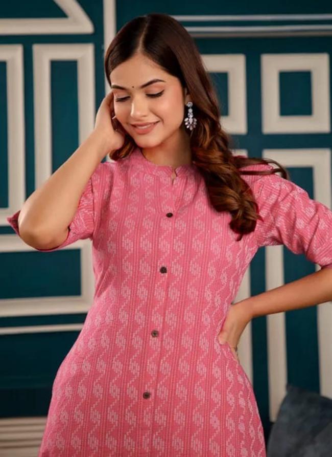 Cotton Pink Summer Wear Printed Kurti With Pant